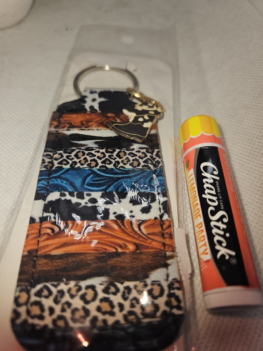 Multi-Pattern Keychain Lip Balm Holder - Blue, Orange & Leopard Print